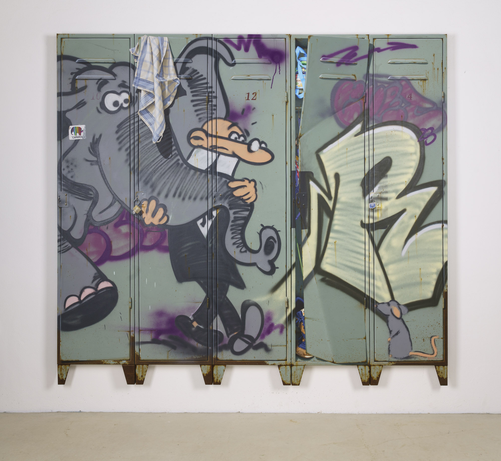 Spinde Elefant Collab CURT/Rayk Amelang, Öl/Acryl und Spraypaint auf Leinwand, 200 x 180 x 7 cm, 2023