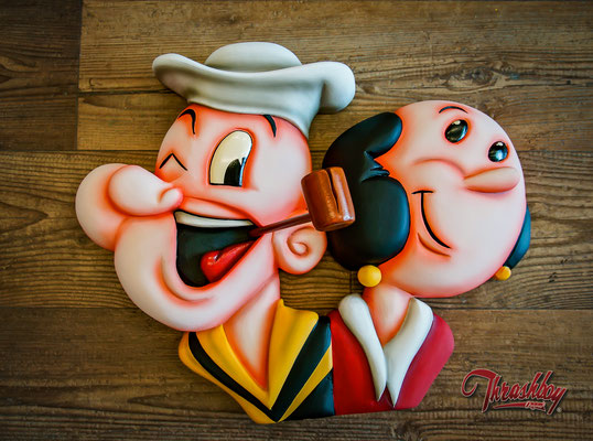 Popeye & Olivia, geschnitzt, Bemalung. Wandbild 3d Relief nach Kundenwunsch