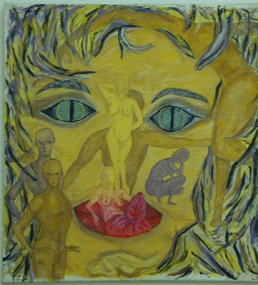 Menschengesicht, 1998, Guttatechnik/Seide, 83 x 90 cm