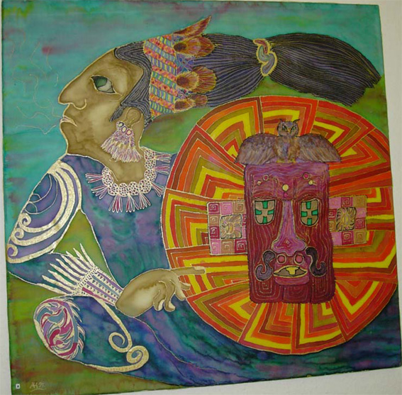 Mayagott 1994, Guttatechnik/Seide, 88x90 cm