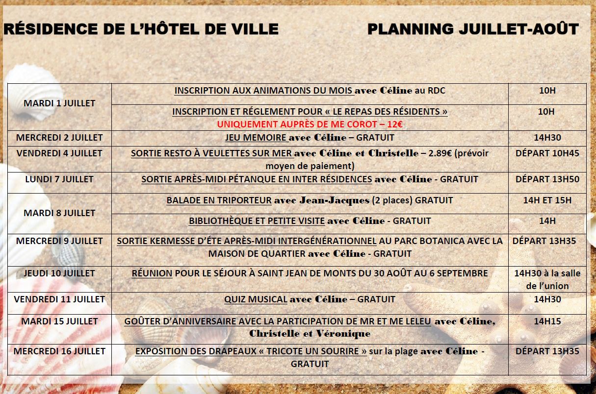 Animation de Juillet/Août 2025 à la Résidence de l'Hôtel de Ville