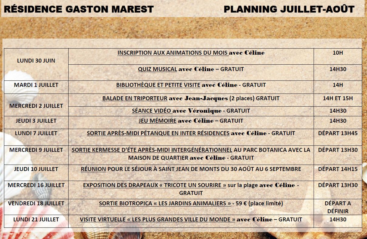 Animation de Juillet/Août 2025 à la Résidence Jean Marest