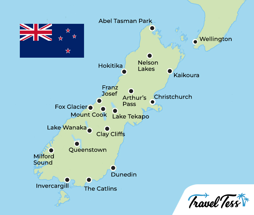 Kaart Zuidereiland Nieuw-Zeeland