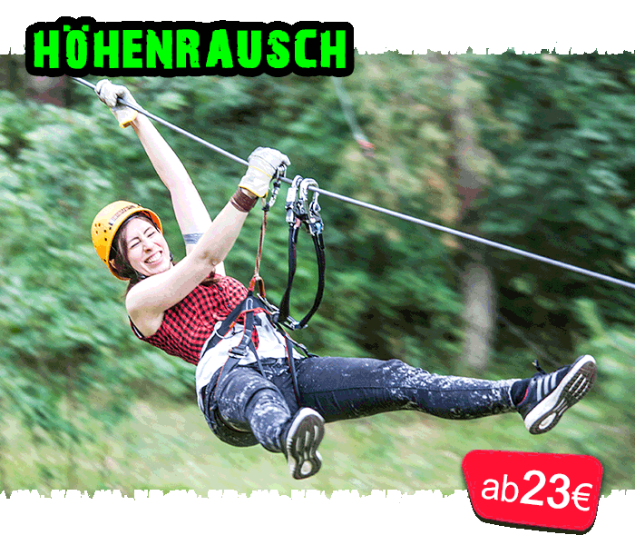 Family action in the CLIMB UP! climbing worlds: zip line in the high ropes course at full speed