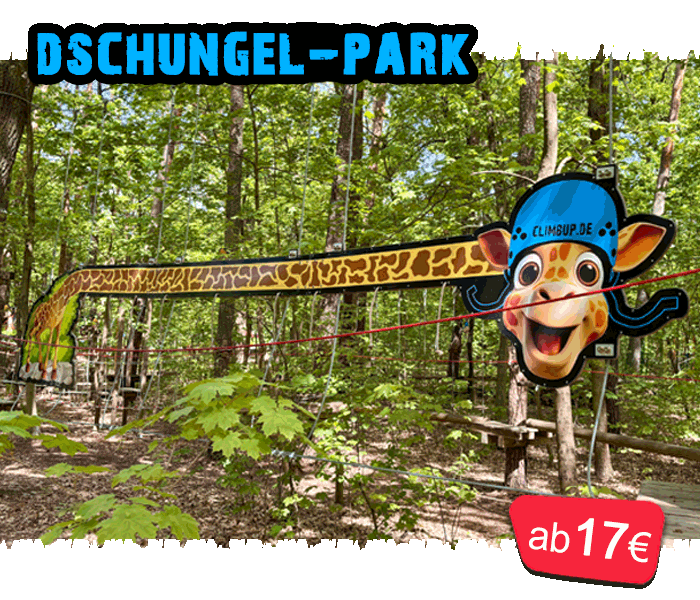 Blick in den CLIMB UP! - KIDS-Park Hennigsdorf mit Dschungel-Deko und Giraffen-Motiv zwischen den Bäumen