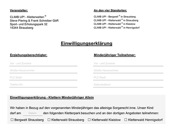CLIMB UP! Einwilligungserklärung zum Klettern für Minderjährige