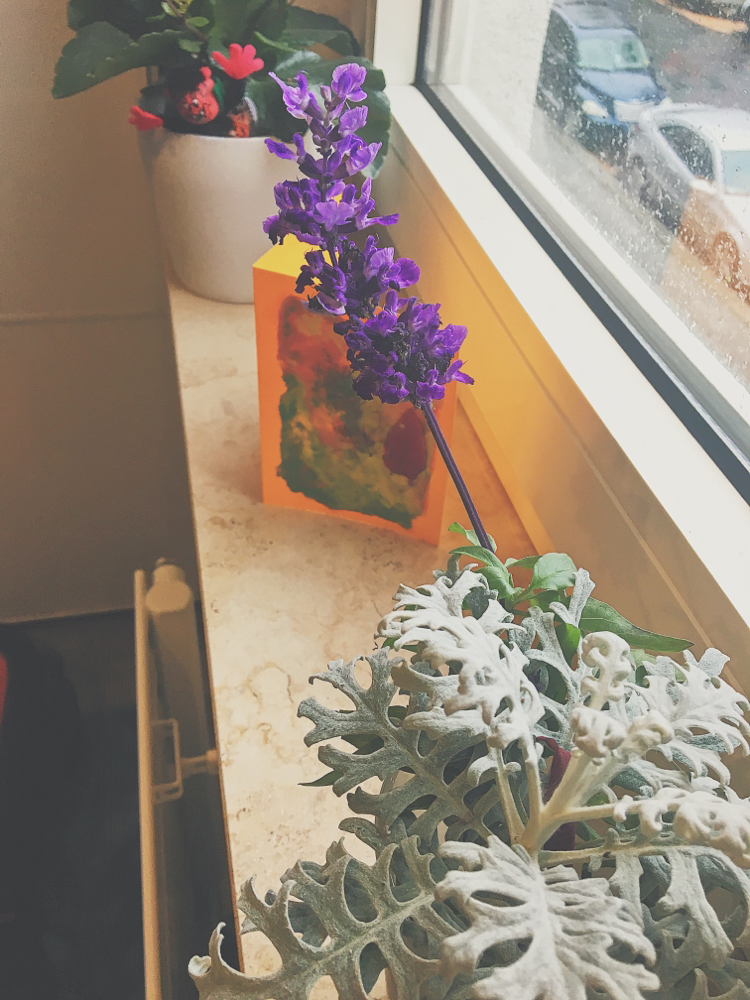 Luka’s gepflückte Blumen im Glas, eine von ihm selbst-aquarellierte Karte und ein Blumentopf zur Pflege