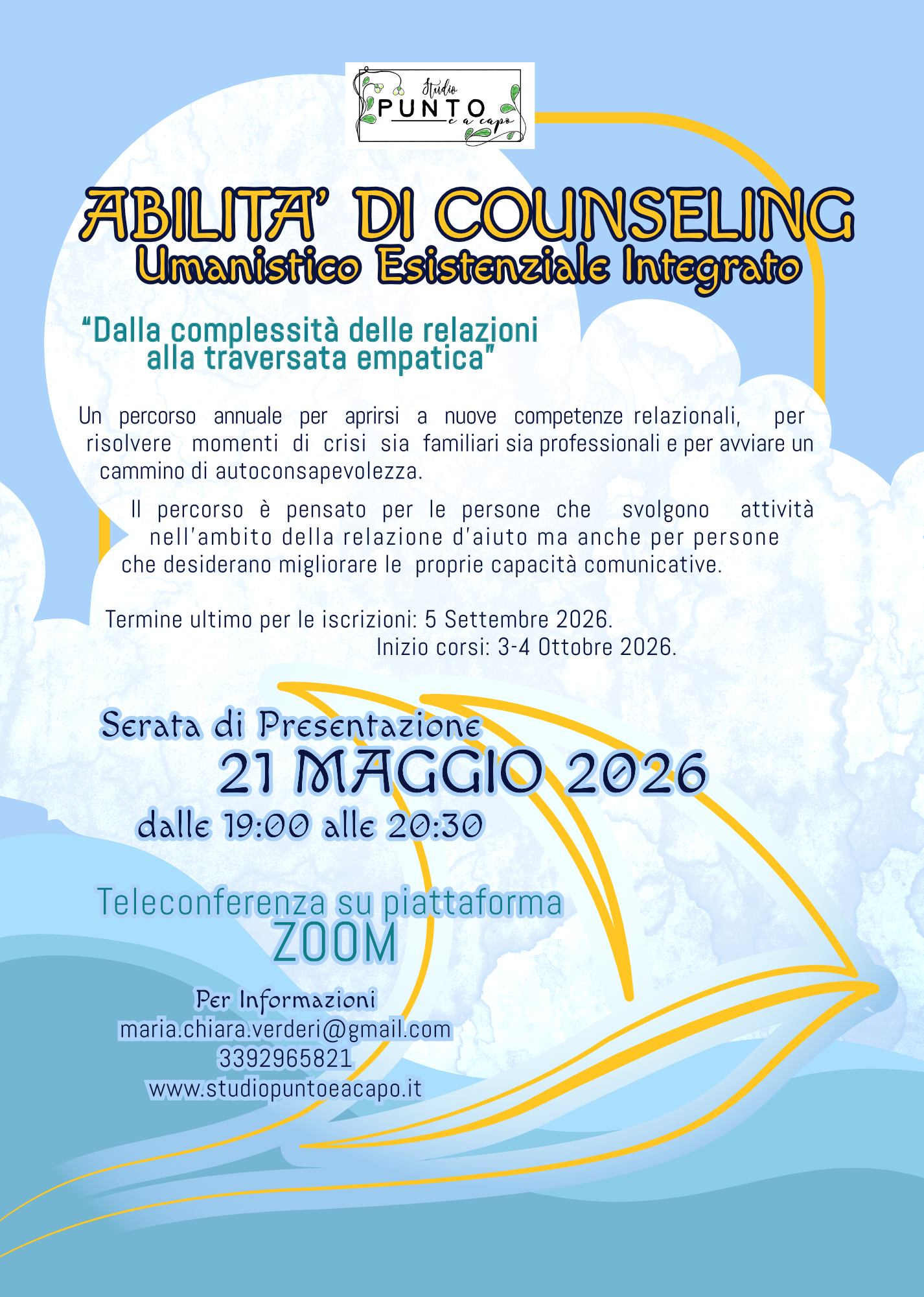 Milano, ONLINE, 21 Giugno 2026, incontro di presentazione del corso BC ACE "Abilità di Counseling" con Maria Chiara Verderi, Anna Savadori, Luca Legnani, Francescaa Landini 