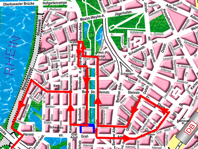 Stadtplan von Düsseldorf mit der Demonstrationsroute