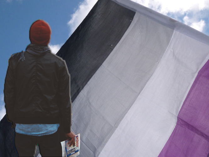 Bild: Mensch vor Asexuellen-Flagge