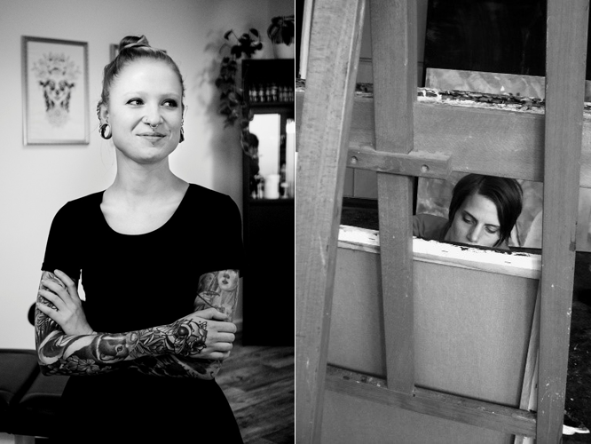 Links: Tatzi. Rechts: Inka Wilhelm hinter einer Staffelei