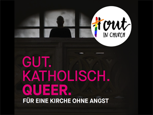 Roer Schrifzug "Gut.Katholisch.Queer." auf schwarzem Hintergrund mit der Silhouette einer Person. Daneben das Logo von #OutInChurch