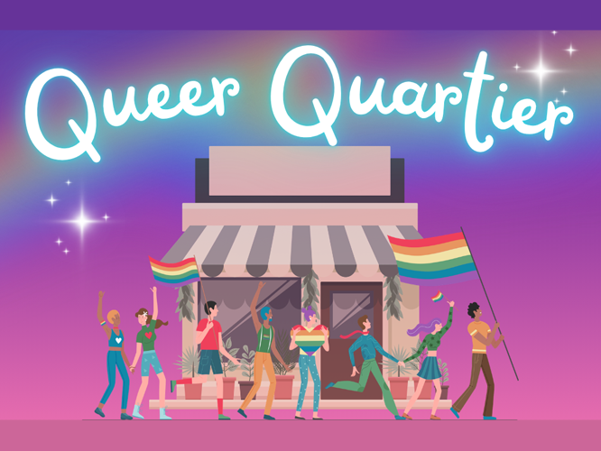 Schriftzug Queer Quartier über einer Zeichnung eines Hauses mit Menschen und Regenbogenfahnen davor.
