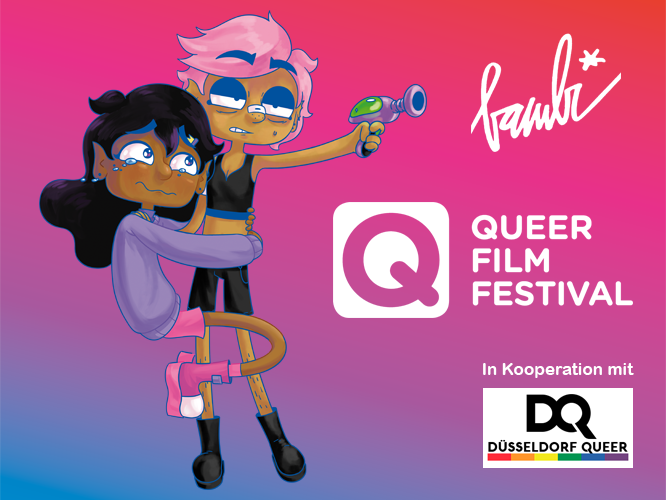 Comicfiguren mit Laserpistole und die Logos Bambi-Kino, Queerfilmfestival und Düsseldorf Queer