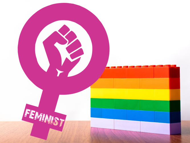 Bild: Feminismus-Symbol vor Regenbogen-Legowand