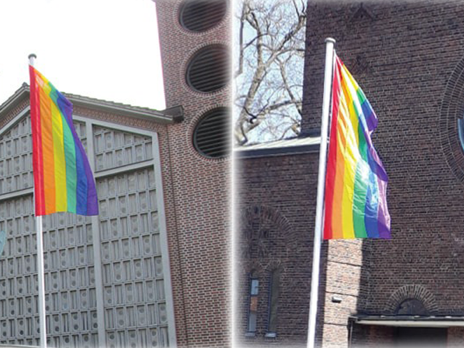 Bild: Regenbogenflaggen an Katholischen Kirche in Düsseldorf