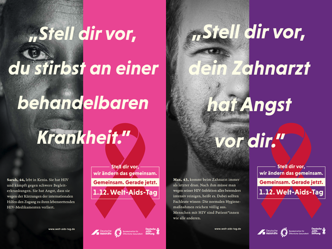 Kampagnenplakate zum Welt-Aids-Tag mit der Schrift: "Stell dir vor, du stirbst an einer behandelbaren Krankheit" und "Stell dir vor, dein Zahnarzt hat Angst vor dir"