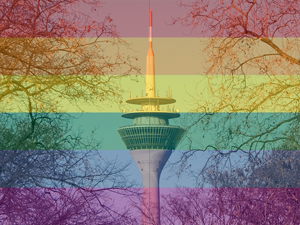 Rheinturm mit Regenbogenfarben überlagert