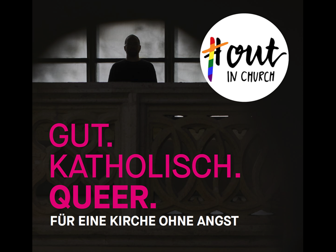 Roter Schriftzug "Gut. Katholisch. Queer." auf schwarzem Hintergrund mit der Silhuoette einer Person. Daneben das Logo von #OutInChurch