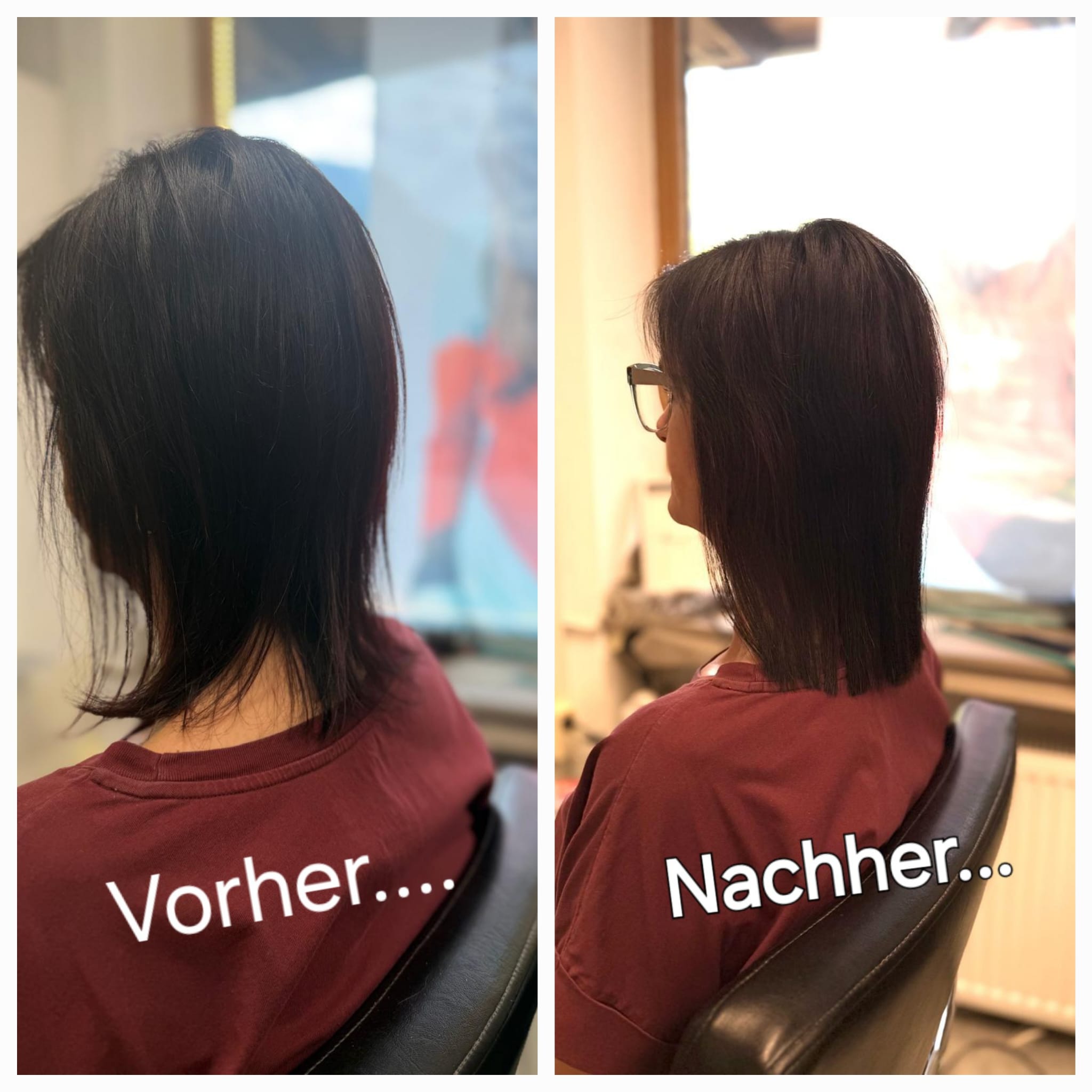 Dame vorher nachher - schöner Effekt der Flaunt Tape Extensions sichtbar bei halblangem brünettem Haar
