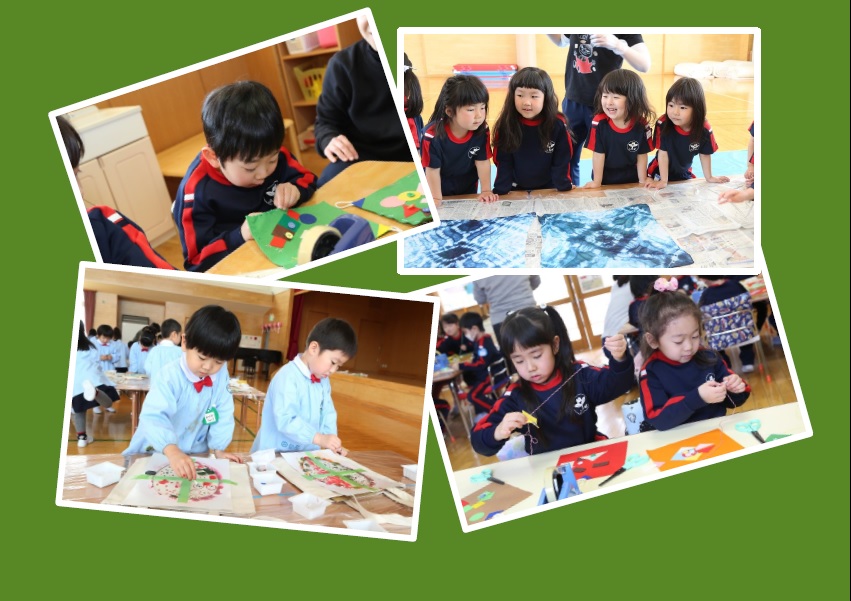 ＜手芸教室＞　春にはお父さんやお母さんへのプレゼント作り。冬には年中さんがチクチク針仕事。手づくりって楽しいね。