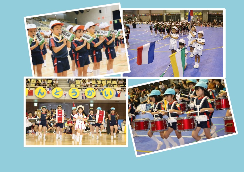 ＜運動会＞　年長児全員によるバンビーナ鼓隊。心をひとつに演奏します。