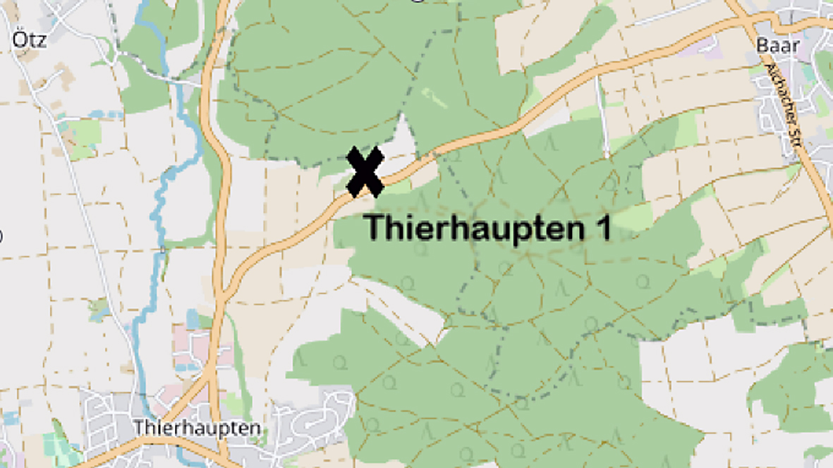 Abbildung 1: Geographische Lage der Fundstelle Thierhaupten 1 im Landkreis Augsburg; Koordinaten: 48°35‘01.3“N, 10°55‘15.6“E. (Kartendaten: © OpenStreetMap contributors)