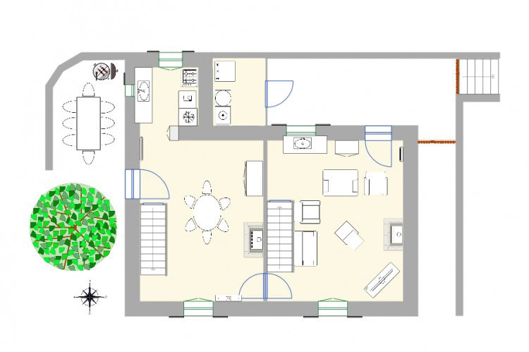 Plan salle à manger, salon, buanderie