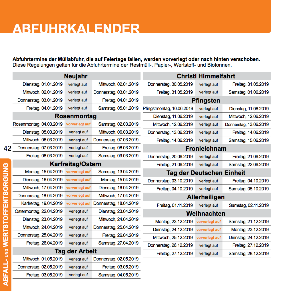 Abfuhrtermin geändert wegen Feiertag