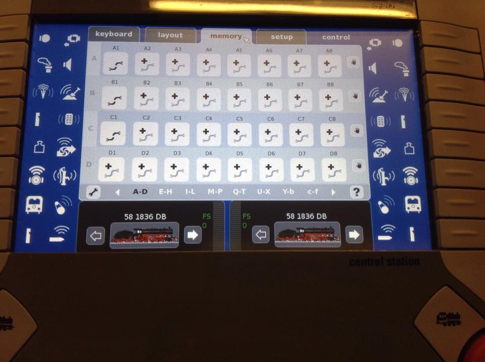 Memory aufrufen, mit dem Symbol Schraubenschlüssel eine Fahrstraße wählen (hierA2) umschalten auf Control