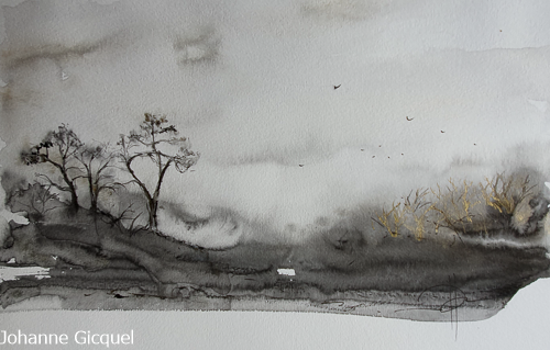 paysage maritime - aquarelle noir doré - Johanne Gicquel