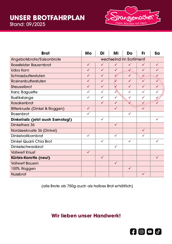 Brotfahrplan der Bäckerei Spangemacher
