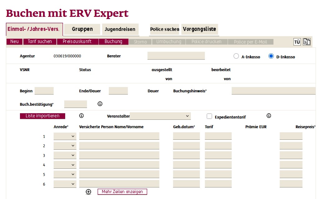 Einstieg in die Buchungsmaske vom ERV Expert, dem professionellen Buchungstool der ERGO Reiseversicherung
