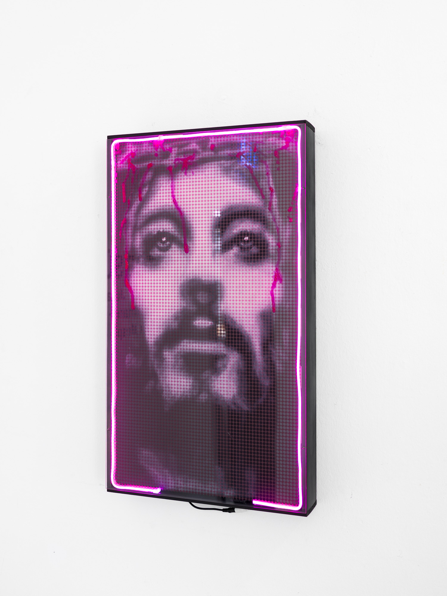 Jörg Strobel, Jesus, Öl auf Leinwand + Druck auf Plexiglas + Lichtinstallation, 72 x 42 cm