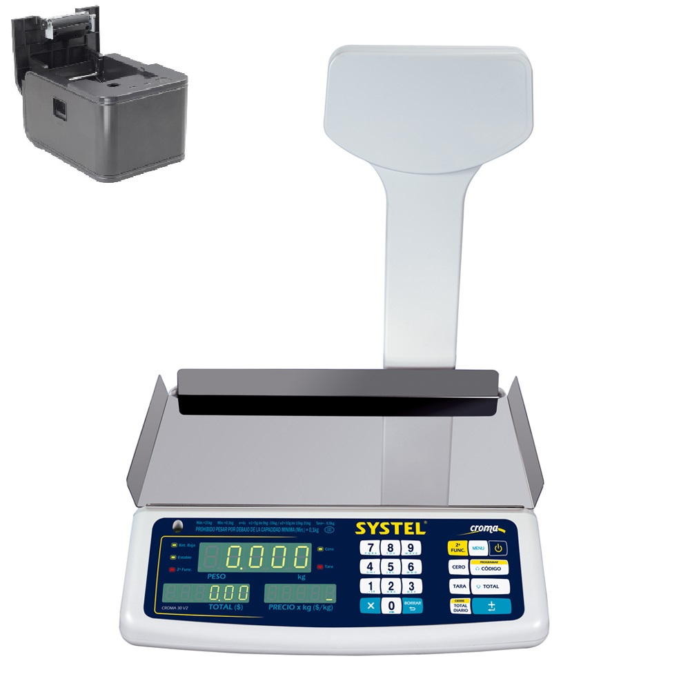 BASCULA CON TORRETA Y FUNCION DE CAJA REGISTRADORA 31Kg / 5g IMPRESOR EXTERNO PARA TICKET DE COMPRA