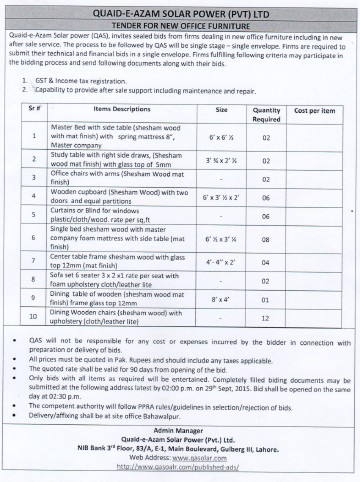 Tender for Furniture 10/9/2015