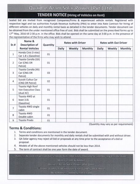 Tender Notice for hiring of vehicles valid till 17th May 2016