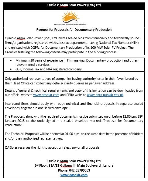 Request for Proposals for Documentary Production - 08/01/2015