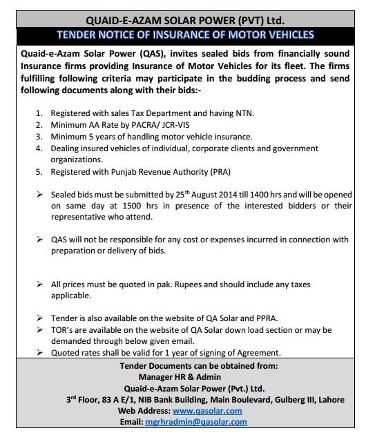 Tender Notice of Insurance of Motor Vehicles (Valid till 25th August 2014))