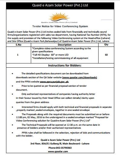 Tender for Video Conferencing Valid till 2nd May 2016 ( 12 pm)