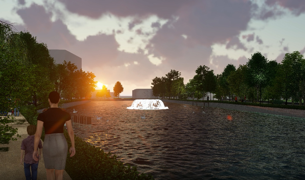 街中の池に噴水を設置するCGアニメ－ションです。
