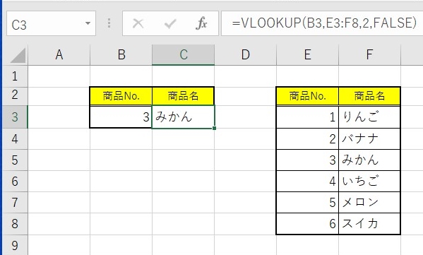 検査値「3」をもとに、範囲「E3:F8」より「完全一致」した「みかん」を返した。