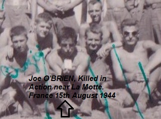 Dernière photo des freres d'armes, seulement un jour avant sa mort. Joe O'BRIEN au centre. Italie 14 aout 1944.