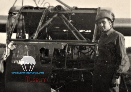 Frank DUBAY, in front of a American CG-4A waco glider in Southern France. August 1944