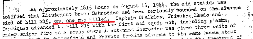 Extrait du rapport du 551em mentionnant la perte de Jack FUNK. 551st medical report extract. 16th aug 44