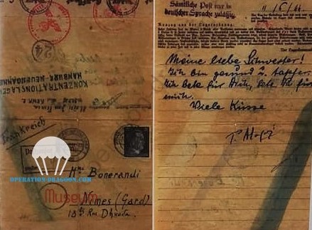 carte envoyé à sa soeur depuis le camp de Neuengamme ,écrite en langue allemande probablement par un garde le 11 juin 1944 elle ne fut posté par les Allemands que le 23 juillet . "Ma chère soeur, je suis en bonne santé, Je prie pour toi, priez pour moi."