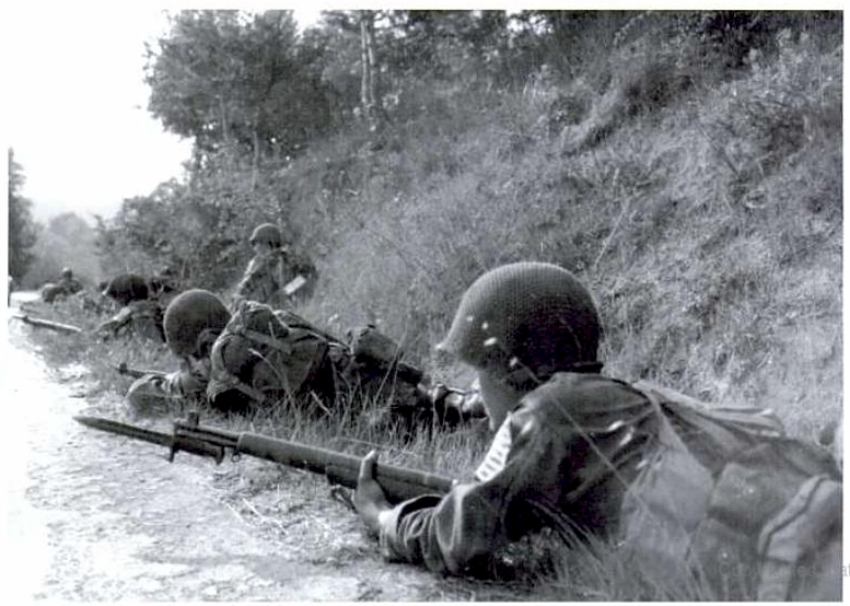 "F" Company troopers progressing between La Motte and Trans en Provence, August 15, 1944