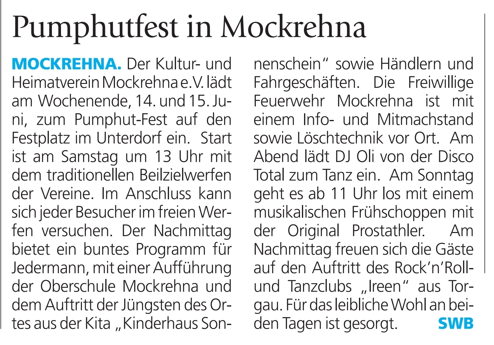 Danke an das SonntagsWochenblatt Torgau für die Veröffentlichung