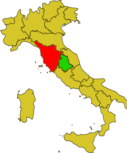 Umbrien (in grün) und die Toskana (in rot) liegen in der Mitte des Stiefels von Italien.