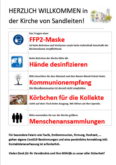 Plakat mit Corona Regeln am Kircheneingang (PDF).